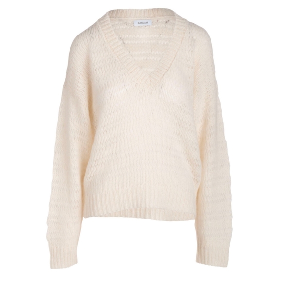 NAADAM Alpaca Blend Open Stitch V-Neck Long Sleeve Cream Sweater Size XS - Picture 1 of 15